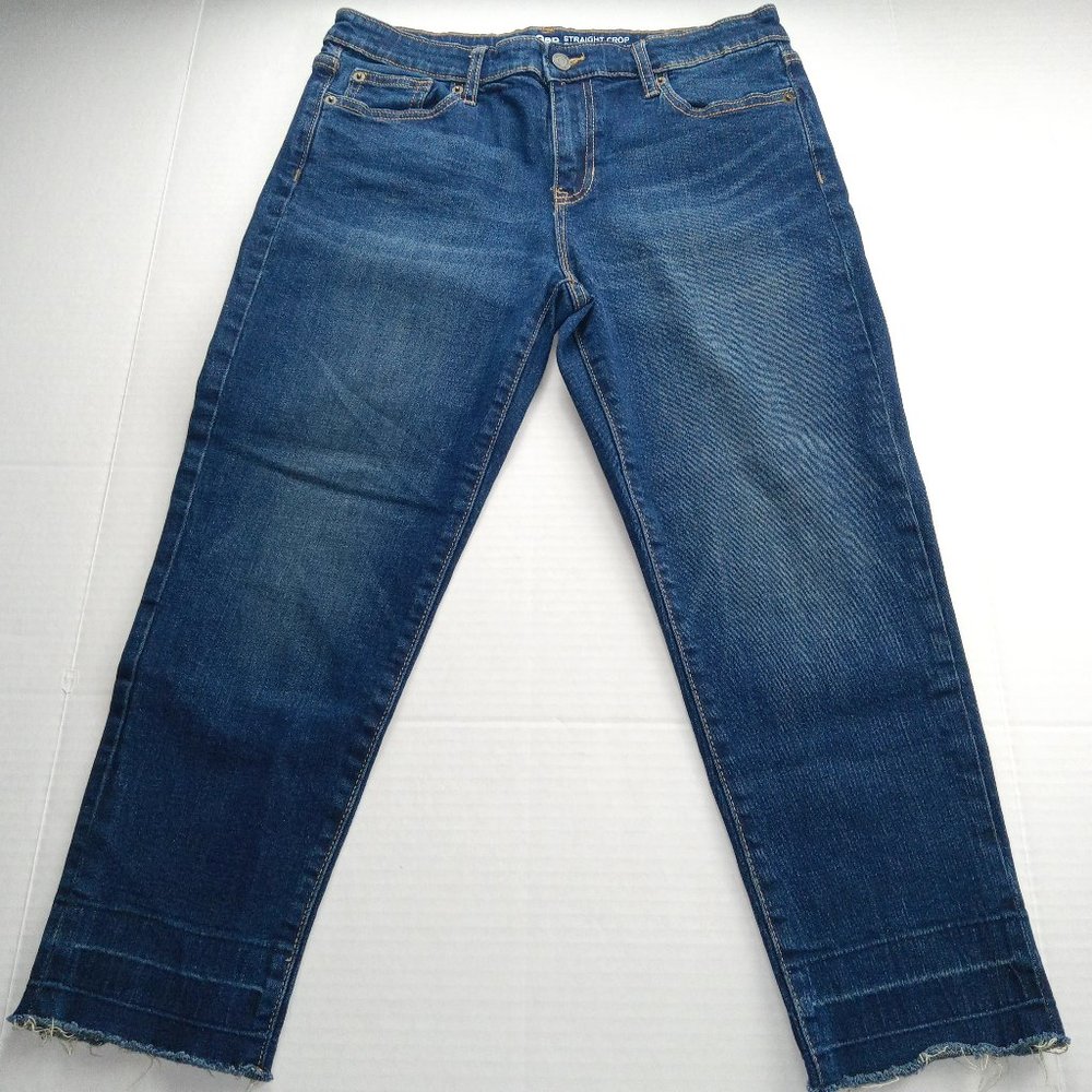 GAP Women's Straight Crop Jeans Size 8 Dark Wash Mid Rise Stretch Raw Hems